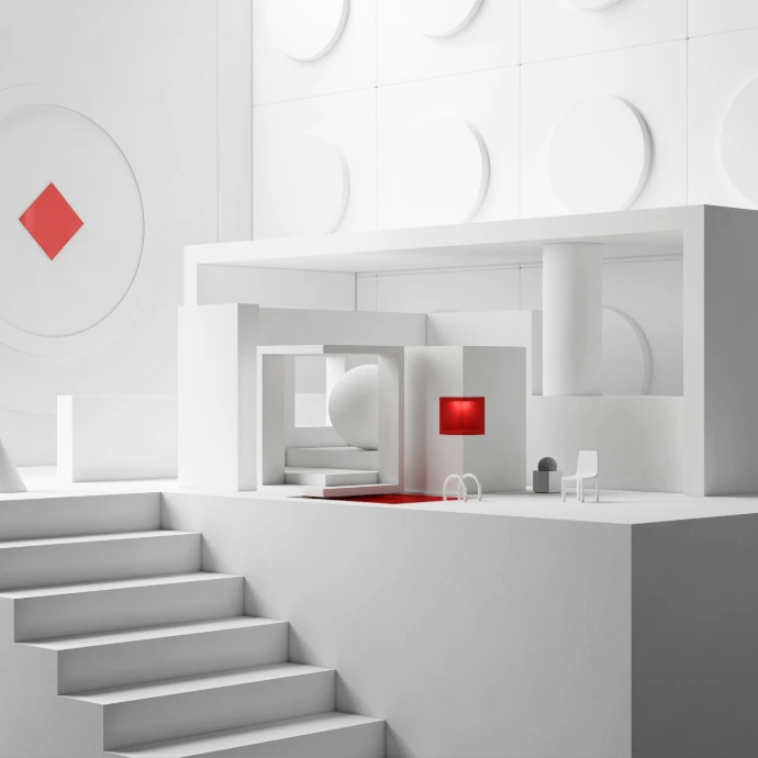 a white room with a red lamp