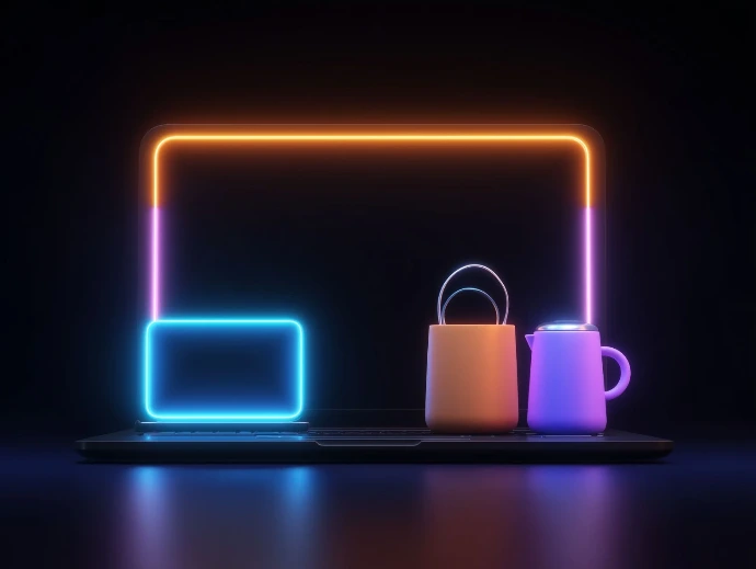 Original marketing visual with a neon display, shopping bag and cup