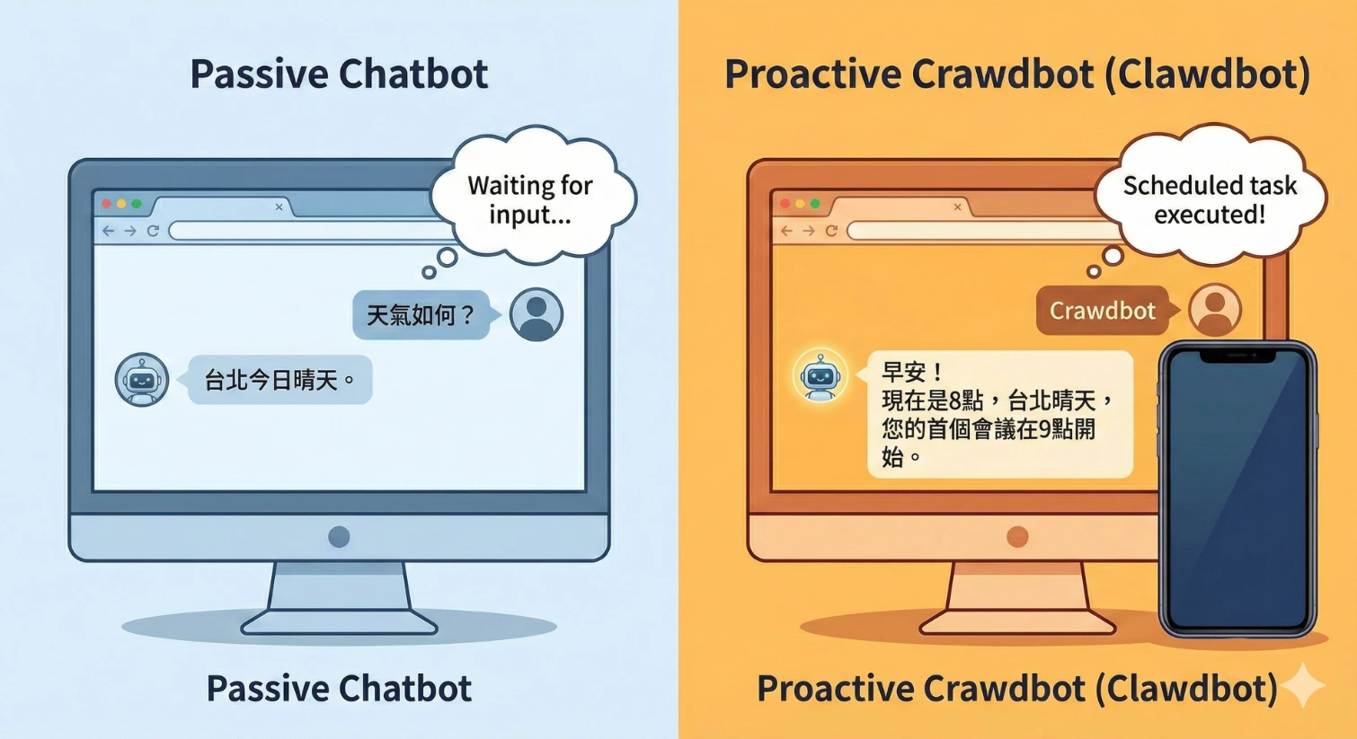 被動式聊天機器人與主動式 Crawdbot 的比較。左側的機器人被動等待指令，而右側的 Crawdbot 能根據排程主動發送訊息並執行任務。